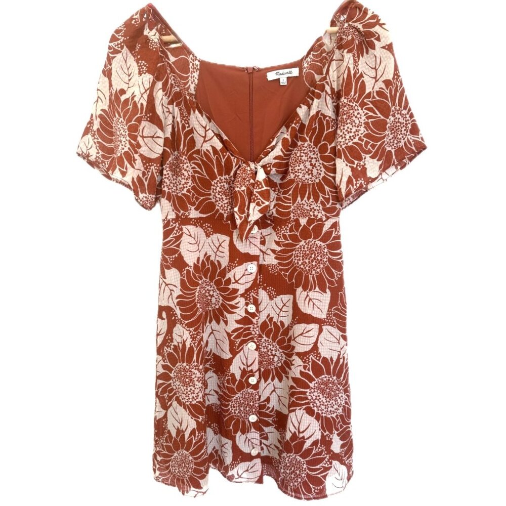 Madewell Terracotta‎ Cream Floral Silk Size 2 Romantic Floral Tie-front Dress